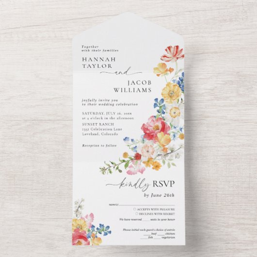 Colorful Wildflower Wedding All In One Uitnodiging (Binnen)