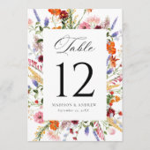Colorful Wildflower Wedding Table Number Card Kaart (Voorkant)