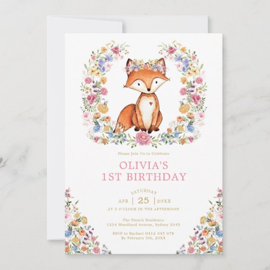 Colorful Wildflower Woodland Fox Girl Birthday Kaart (Voorkant)