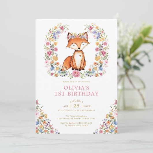 Colorful Wildflower Woodland Fox Girl Birthday Kaart (Staand voorkant)