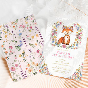 Colorful Wildflower Woodland Fox Girl Birthday Kaart