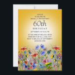 Colorful Wildflower Yellow Sunshine 60th Birthday Kaart<br><div class="desc">Heldergele sunshine 60e verjaardagsfeestuitnodiging voor vrouwen met  rode,  blauwe en gele waterverf in het wild levende bloemen en groen. Neem contact met mij op voor hulp bij aanpassingen of voor het aanvragen van matching of het coördineren van Zazzle-producten.</div>