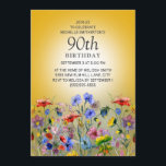 Colorful Wildflower Yellow Sunshine 90th Birthday Kaart<br><div class="desc">Heldergele sunshine 90e verjaardagsfeestuitnodiging voor vrouwen met  rode,  blauwe en gele waterverf in het wild levende bloemen en groen. Neem contact met mij op voor hulp bij aanpassingen of voor het aanvragen van matching of het coördineren van Zazzle-producten.</div>