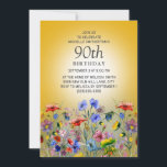 Colorful Wildflower Yellow Sunshine 90th Birthday Kaart<br><div class="desc">Heldergele sunshine 90e verjaardagsfeestuitnodiging voor vrouwen met  rode,  blauwe en gele waterverf in het wild levende bloemen en groen. Neem contact met mij op voor hulp bij aanpassingen of voor het aanvragen van matching of het coördineren van Zazzle-producten.</div>