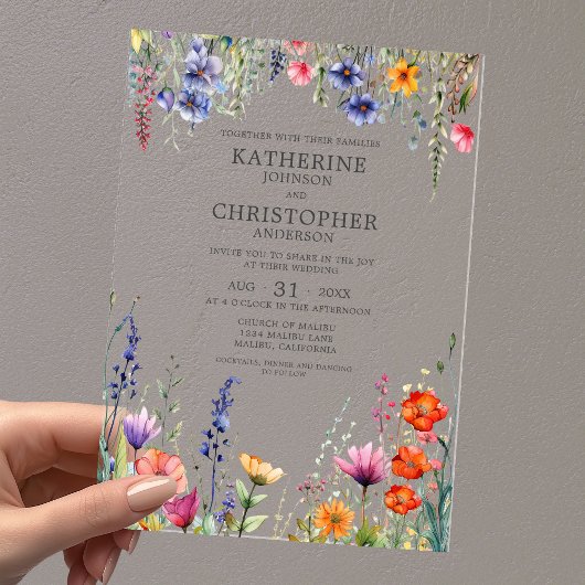 Colorful Wildflowers Elegant Wedding Clear Acryl Uitnodigingen