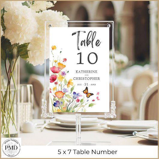 Colorful Wildflowers Elegant Wedding Table Number Kaart