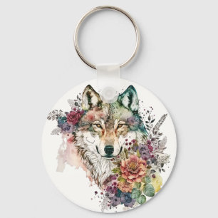 Colorful Wolf en Florals Waterverf in Natuur Key Sleutelhanger