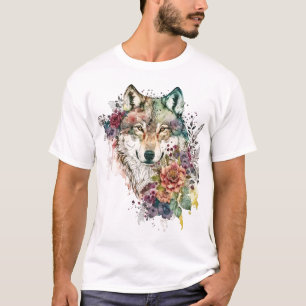 Colorful Wolf en Florals Waterverf in Natuur T-shirt