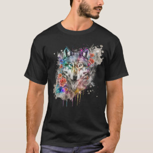 Colorful Wolf en Florals Waterverf in Natuur T-shirt