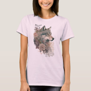 Colorful Wolf en Florals Waterverf in Natuur T-shirt