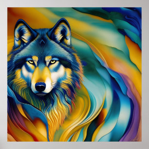Colorful Wolf en Mountain Waves Poster