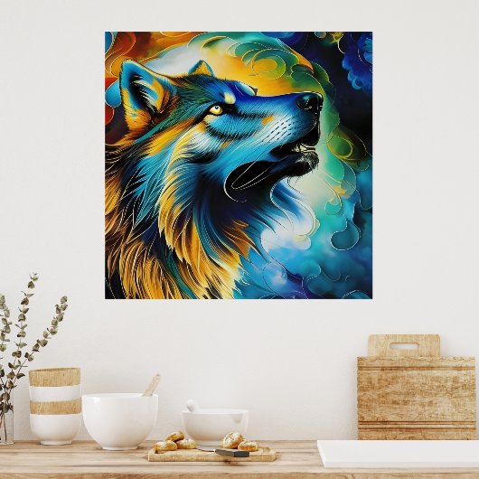 Colorful Wolf Howl Poster (Keuken)