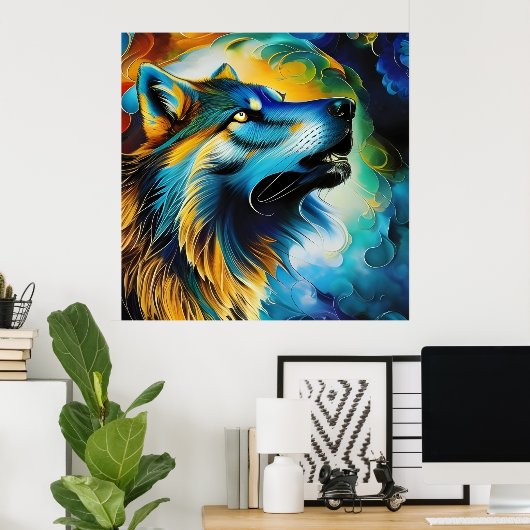 Colorful Wolf Howl Poster (Thuiskantoor)