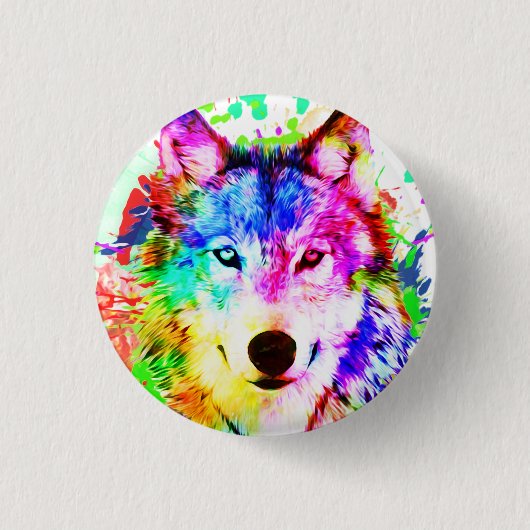Colorful Wolf Waterverf Art Ronde Button 3,2 Cm (Voorkant)