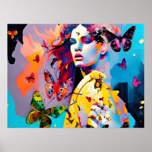 Colorful Woman and Butterflies Poster