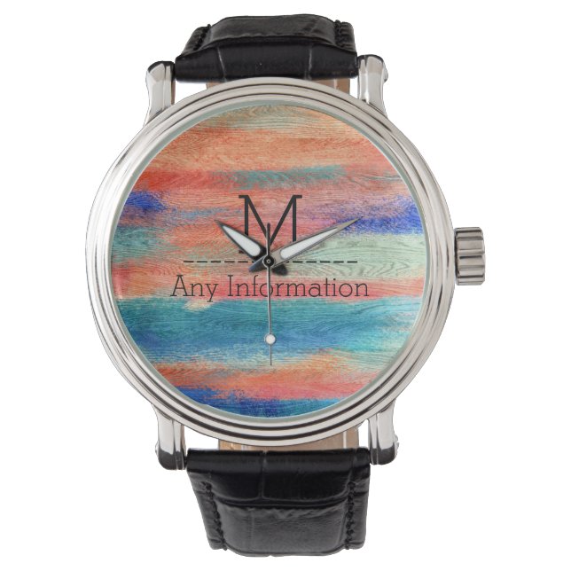 Colorful Wood Grain Monogram Horloge (Voorkant)