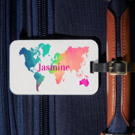 Colorful World Map Custom Monogram Name Luggage  Bagagelabel