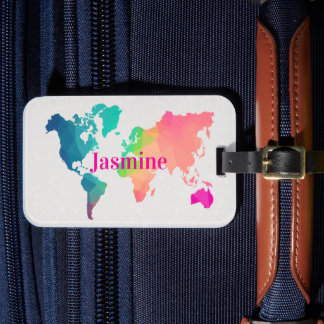 Colorful World Map Custom Monogram Name Luggage  Bagagelabel