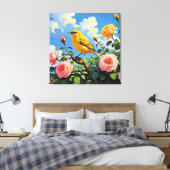 Colorful yellow bird and pretty pink roses canvas afdruk (Insitu (Slaapkamer))