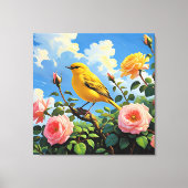 Colorful yellow bird and pretty pink roses canvas afdruk (Voorkant)