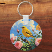 Colorful yellow bird and pretty pink roses sleutelhanger (Voorkant)