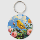 Colorful yellow bird and pretty pink roses sleutelhanger (Achterkant)