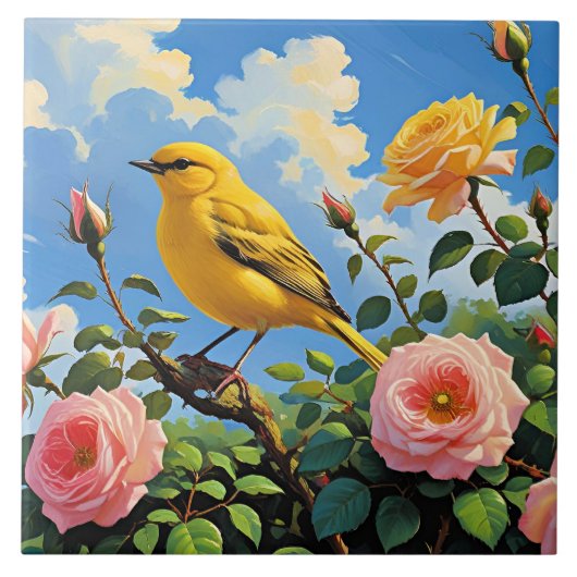 Colorful yellow bird and pretty pink roses tegeltje (Voorkant)