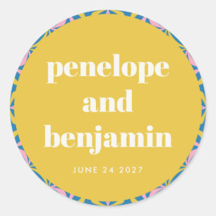 Colorful Yellow Geometric Custom Weddennames Ronde Sticker