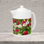 Colorful Zinnia Blooms Floral Theepot<br><div class="desc">Witte keramische theepot met deksel dat is voorzien van een afbeelding van een omloopfoto van een zomertuin van kleurrijke Zinnia-bloei,  met voornamelijk rode en witte bloemen. Een mooi,  bloemetjesontwerp!</div>