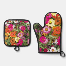 Colorful Zinnia Garden Floral Ovenwant & Pannenlap Set
