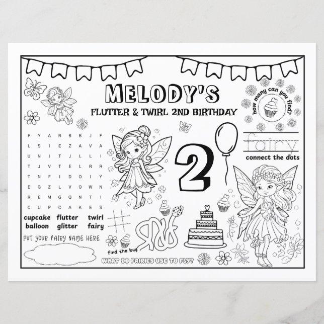Coloring Book Fairy 2nd Birthday Paper Sheet (Voorkant)