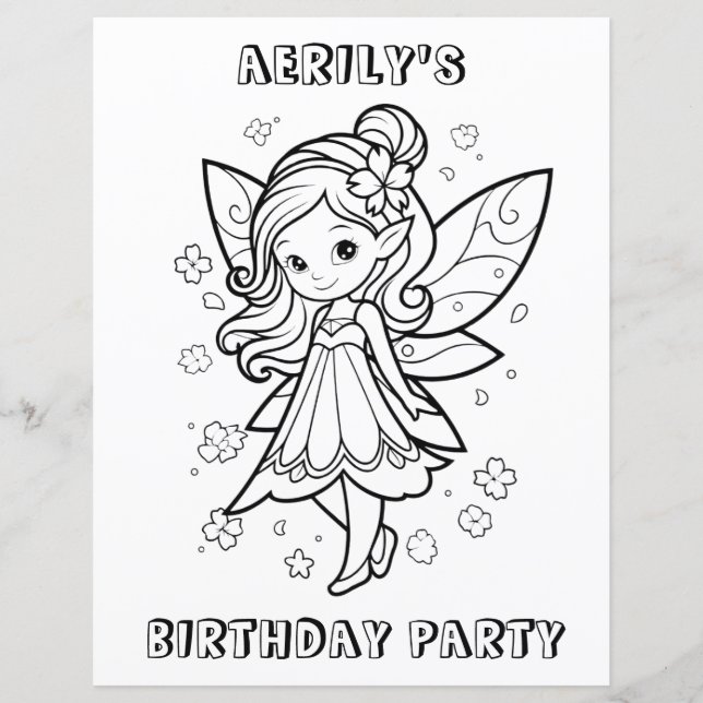 Coloring book fairy birthday party activity page  (Voorkant)
