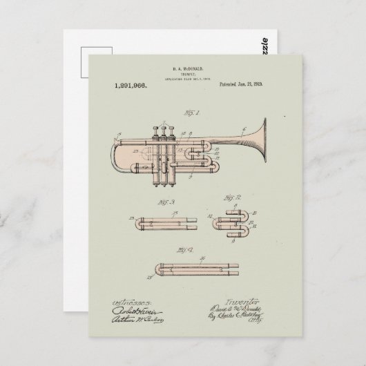 Colorized  Trumpet Patent Illustration Briefkaart (Voorkant / Achterkant)