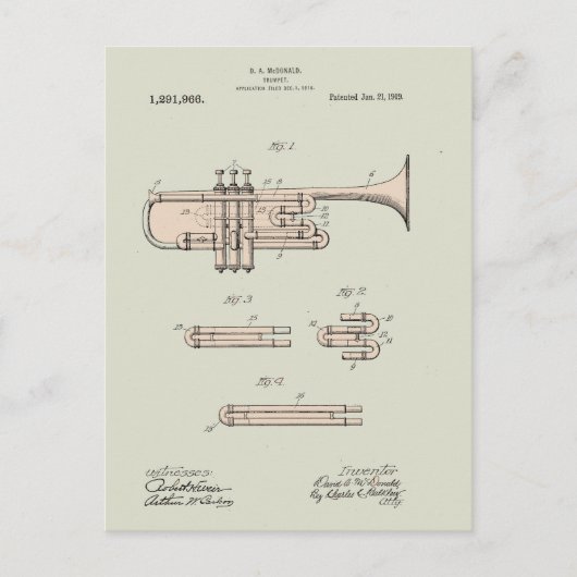 Colorized  Trumpet Patent Illustration Briefkaart (Voorkant)