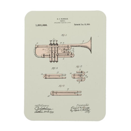 Colorized  Trumpet Patent Illustration Magneet (Verticaal)