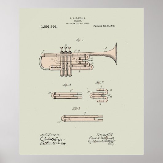 Colorized Trumpet Patent Illustration Poster (Voorkant)