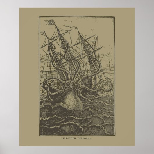 Colossal Octopus Kraken Attacking Ship Zee Monster Poster (Voorkant)