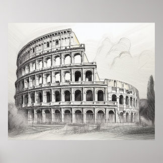 Colosseum oud Romeins amfitheater in potloodschets Poster