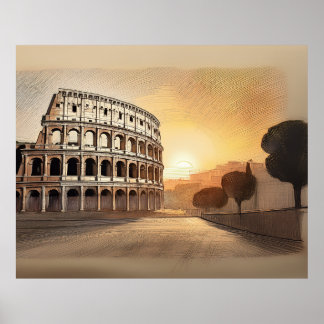 Colosseumstructuur in Rome geschetst bij zonsonder Poster