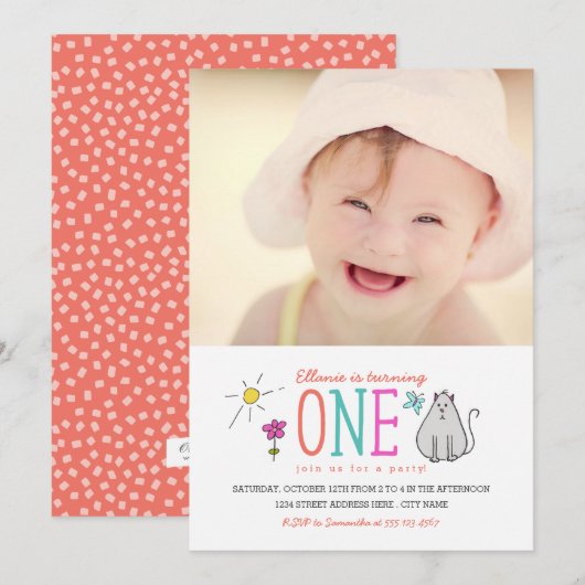 Colour Doodles 1st Birthday Party Invite | KAT Kaart (Voorkant / Achterkant)