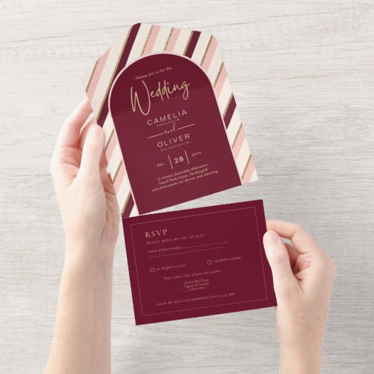 Colour Palette Burgundy Pink Gold Wedding All In One Uitnodiging (Afscheurbaar)