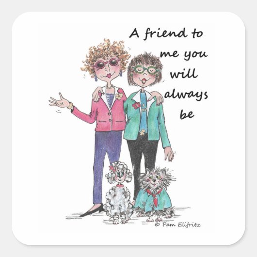 Colour Sketch Art Two Girl Friends pets Samen Vierkante Sticker (Voorkant)