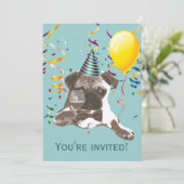 Colour Streamers Pug Birthday Party-uitnodigingen Kaart (Staand voorkant)
