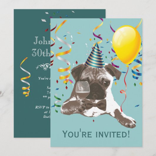Colour Streamers Pug Birthday Party-uitnodigingen Kaart (Voorkant / Achterkant)