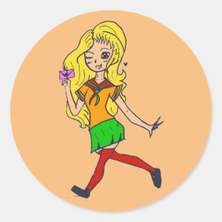 Colourful blonde cartoon girl. Fluffy. Ronde Sticker