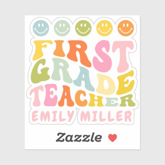 Colourful Fun First Grade Teacher Custom Name Sticker (Vel)