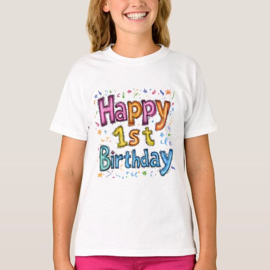 Colourful Happy 1st Birthday Celebration Text T-shirt (Voorkant)