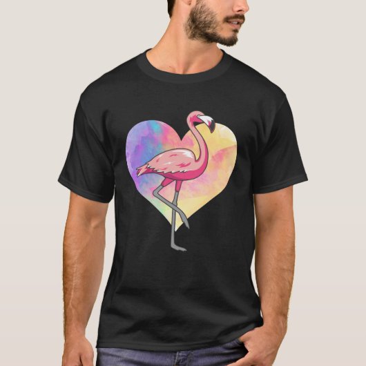 Colourful Heart Pink Flamingo Bird T-shirt (Voorkant)