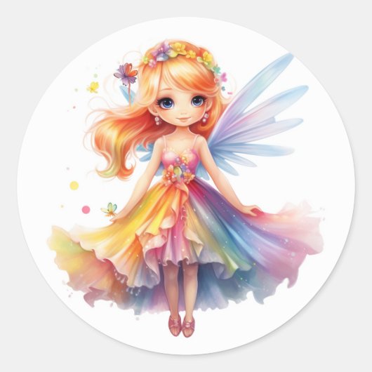 Colourful Little Fairy with wide dress Ronde Sticker (Voorkant)
