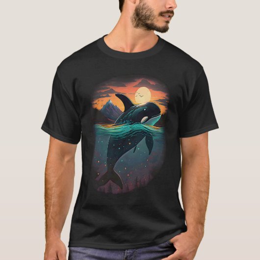 Colourful mystical orca whale watching dolphin pot t-shirt (Voorkant)